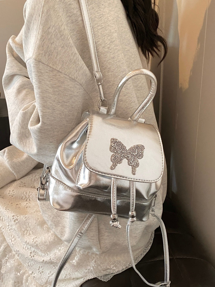 Small silver backpack, bag women's fashion versatile travel mini backpack, student bag, small women backpack purse