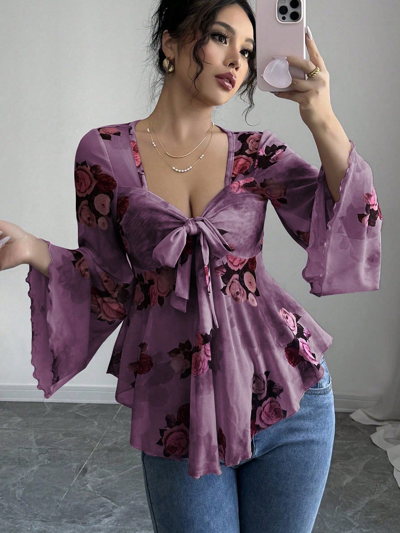 French Sweet Floral Blooming Lace up Square Collar Long Sleeve Shirt
