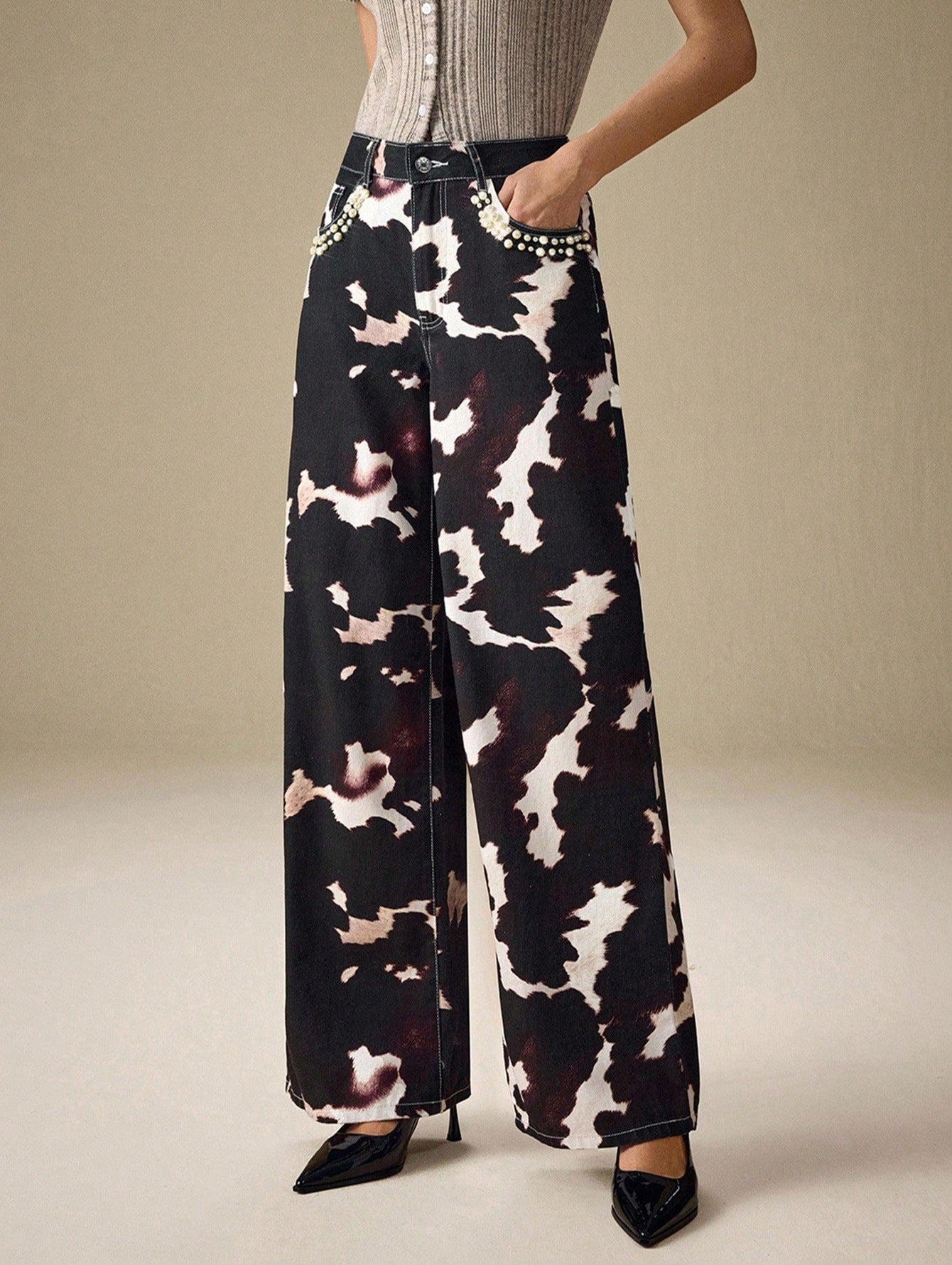 Women Clothing Pearl Lace Simple Fresh Loose All Matching Printed Denim Trousers