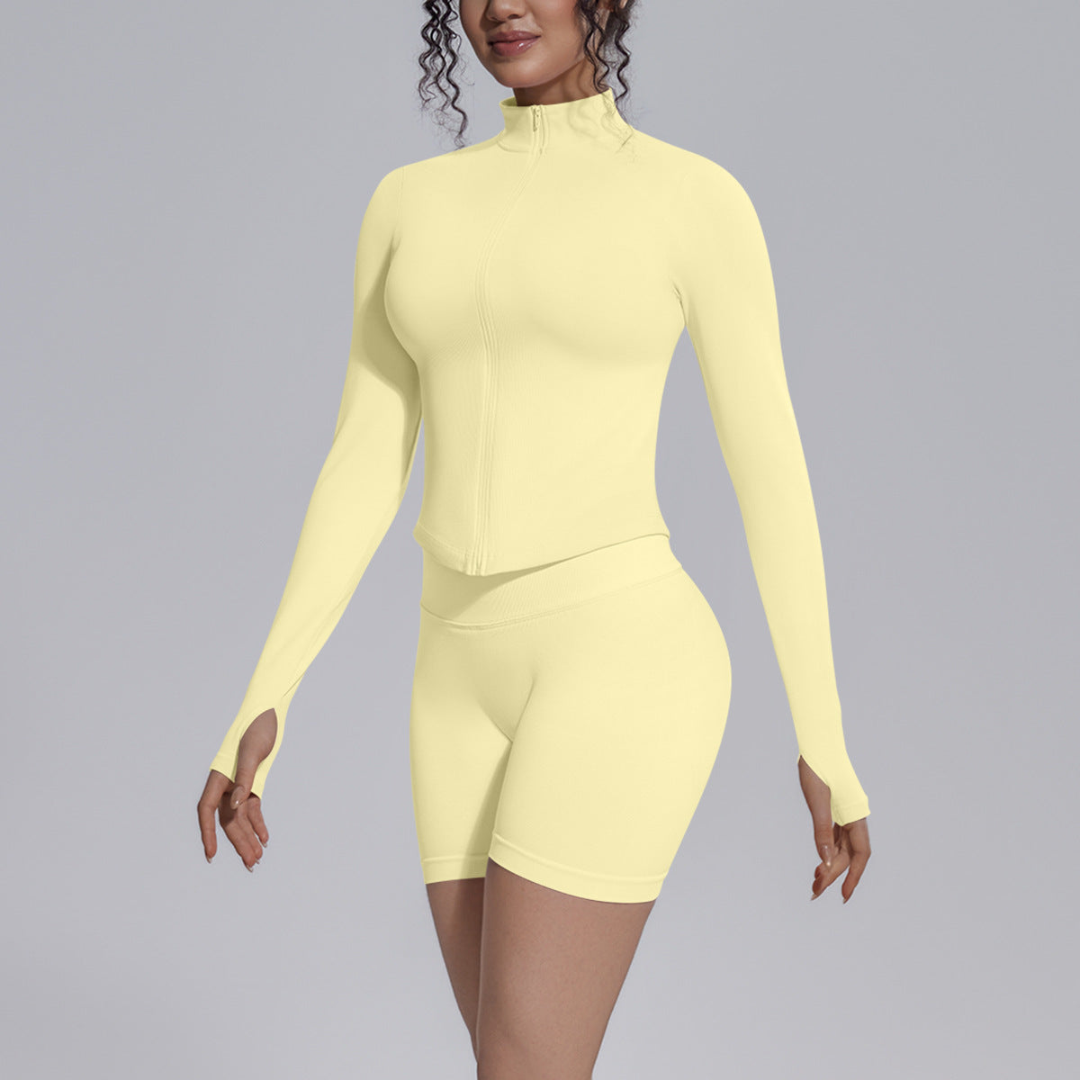 Seamless Knitted Long Sleeve Zipper Yoga Jacket Tight V Waist Yoga Shorts Fitness Yoga Wear Set for Women
