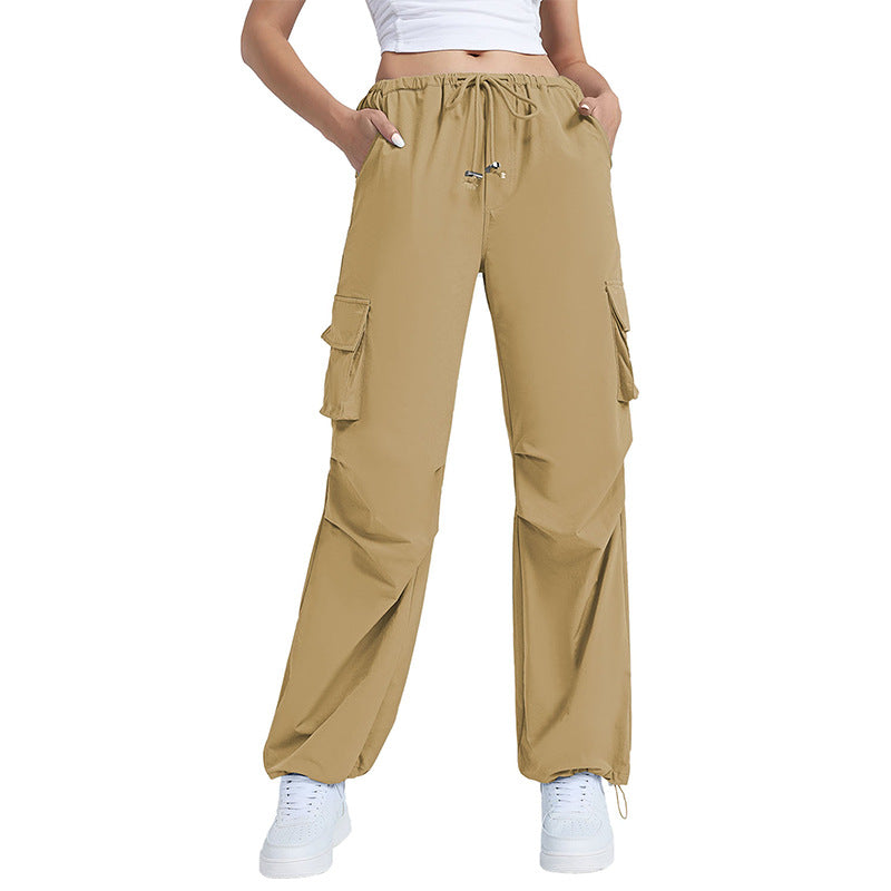 Retro Straight Wide Leg Pants Women Autumn Solid Color Multi Pocket Loose Baggy Trousers Casual Working Pants