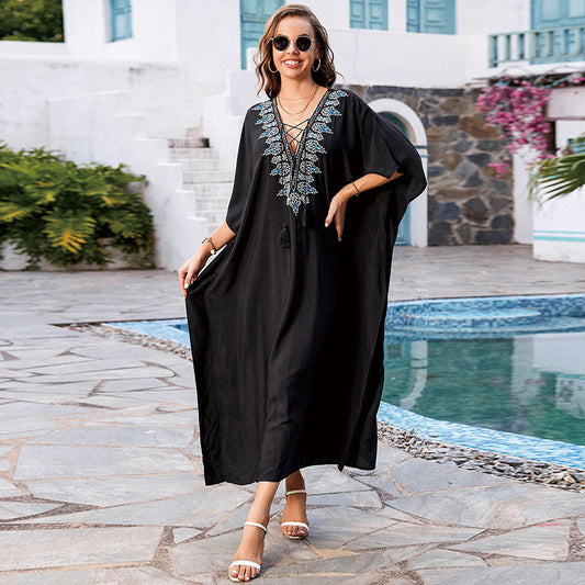 Rayon Embroidered Vacation Robe Loose Maxi Dress Women Beach Sun Protection Coat Beach Cover Up