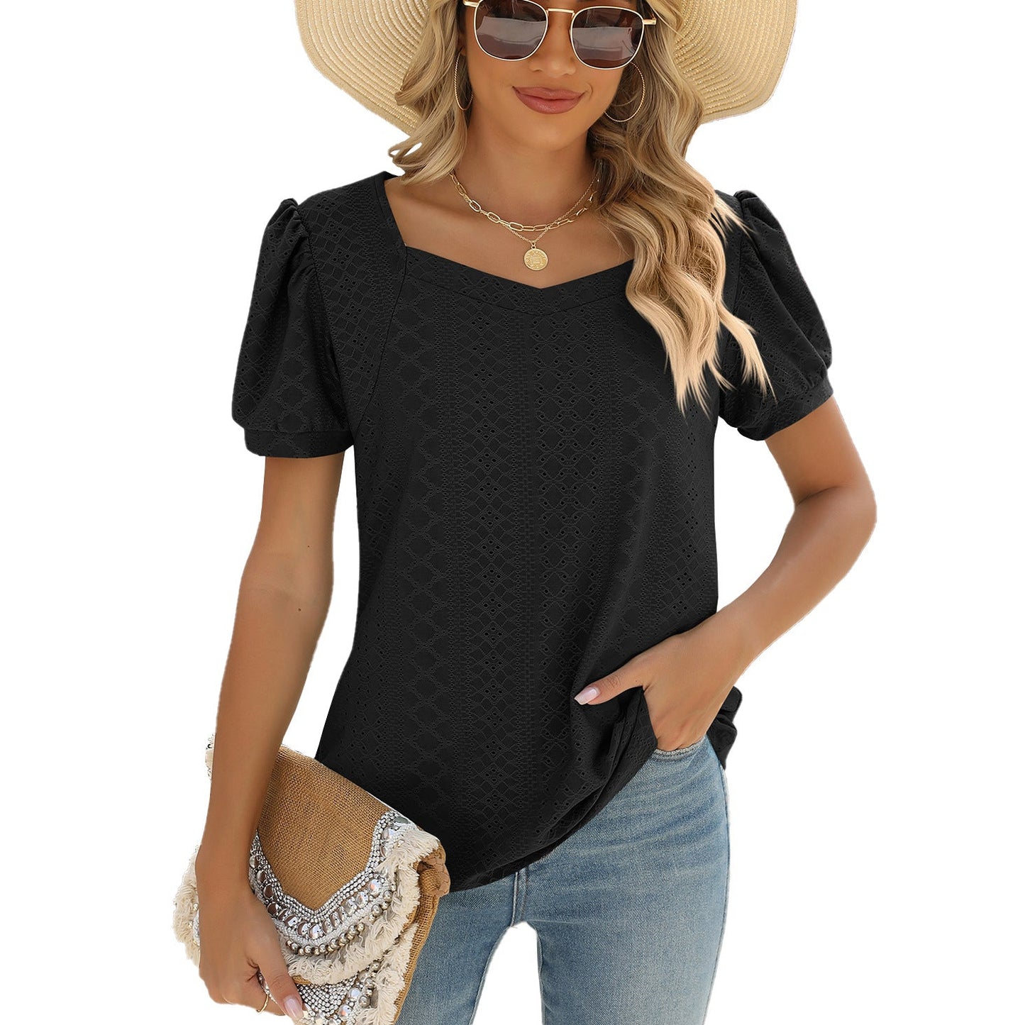 Spring Summer Solid Color Square Collar Puff Short Sleeve T Shirt Loose Top Women