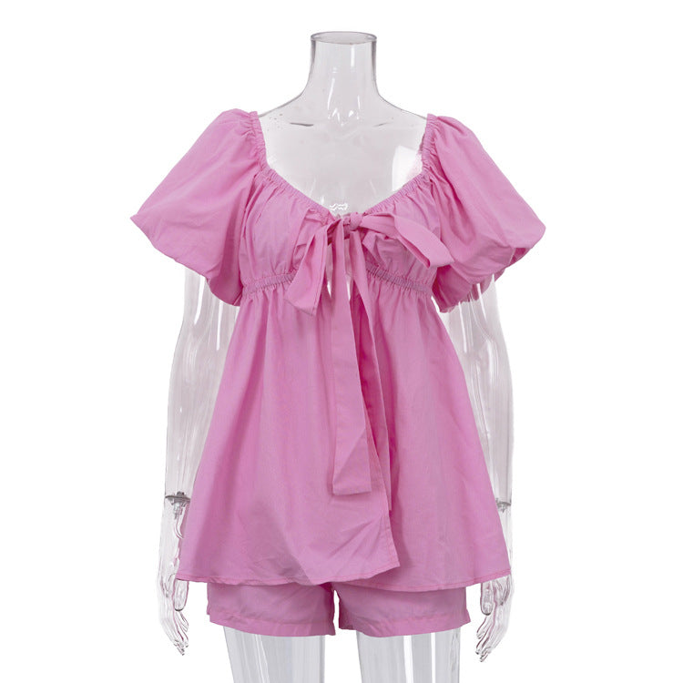 Casual Women Summer V neck Puff Sleeve Lace up Top Loose Shorts Two Piece Sets
