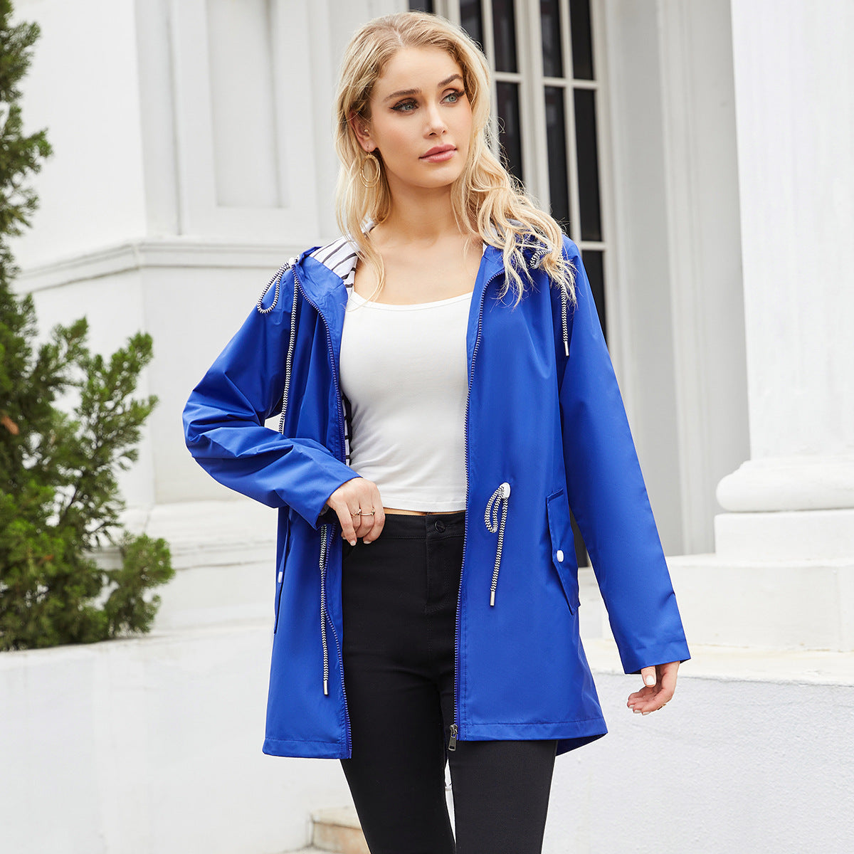 Long Sleeved Waterproof Mid Length Trench Coat Women Hooded Striped Raincoat Women Clothing