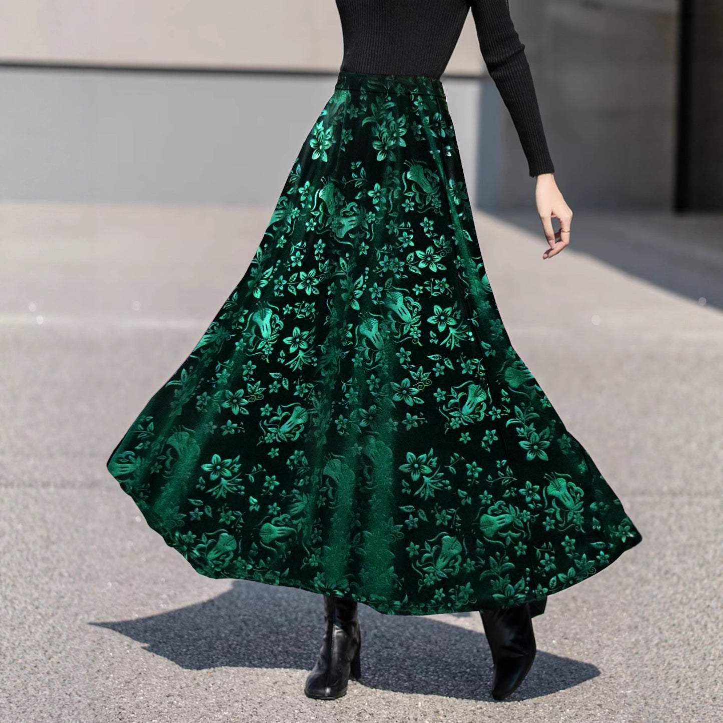 Autumn Winter Elegant High Grade Large Swing Skirt Printed Velvet Skirt Women Clothing