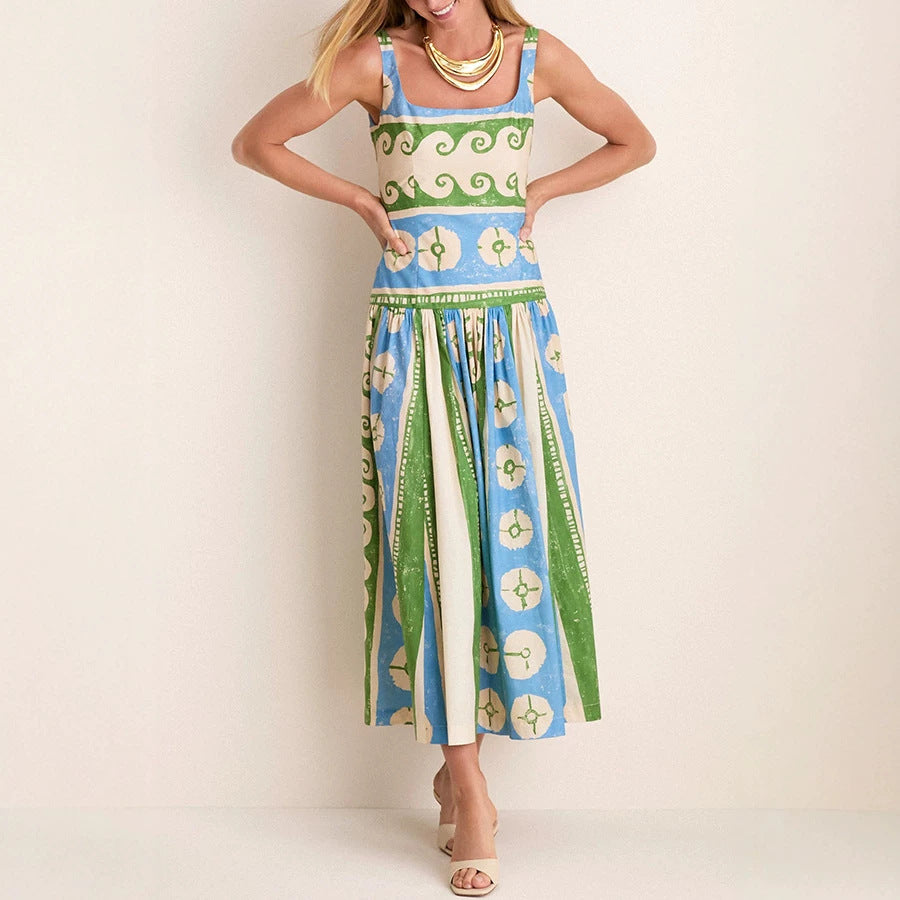 Summer Linen Positioning Printed Dress Loose Vacation Dress for Women