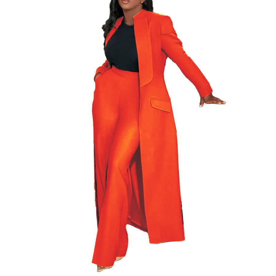 Women Solid Color Polo Collar Long Two Piece Set