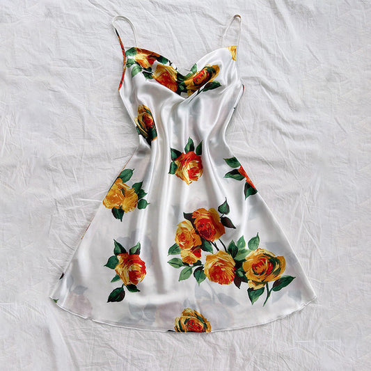 Summer Dacron Camisole Sleeveless Dress Sexy Printed Backless Slip Dress Nightdress