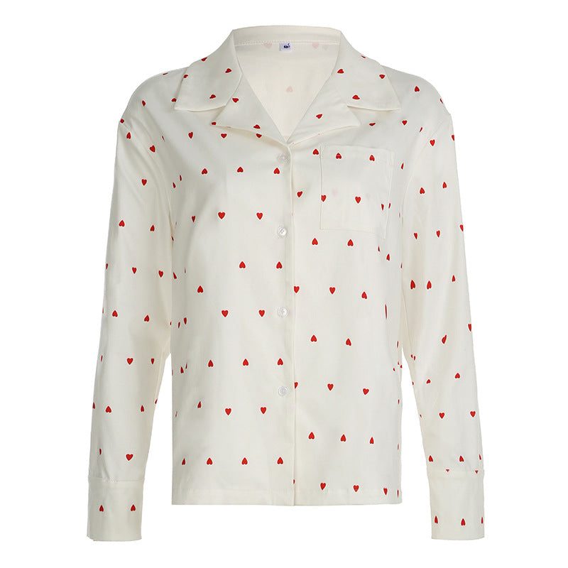 Spring Autumn Two Piece Sets Heart Printing Long Sleeved Shirt Trousers Pajamas Women Loose Comfortable Homewear Women