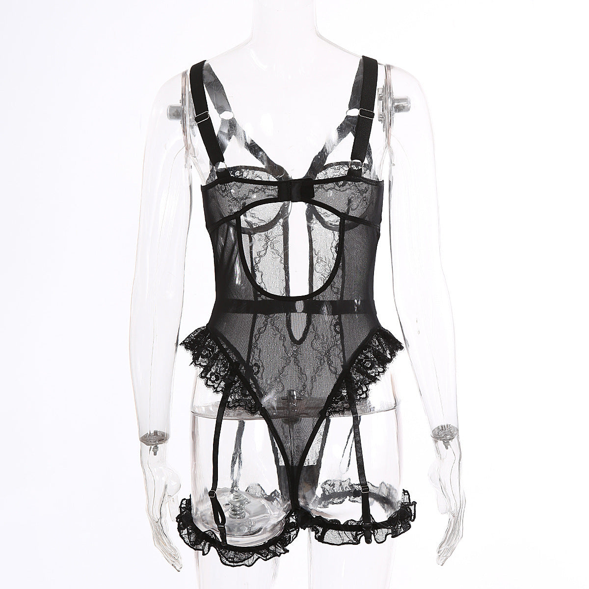 Sexy Lace Lace Cutout See through Sling One Piece Sexy Lingerie Jumpsuit with Leg Ring