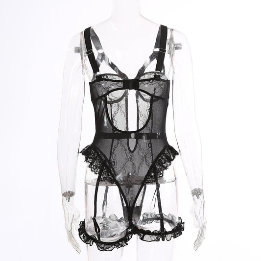 Sexy Lace Lace Cutout See through Sling One Piece Sexy Lingerie Jumpsuit with Leg Ring