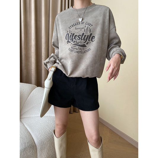 Mottled Tone Casual Letter Graphic Printed Casual round Neck Loose Shoulder Sweatshirt