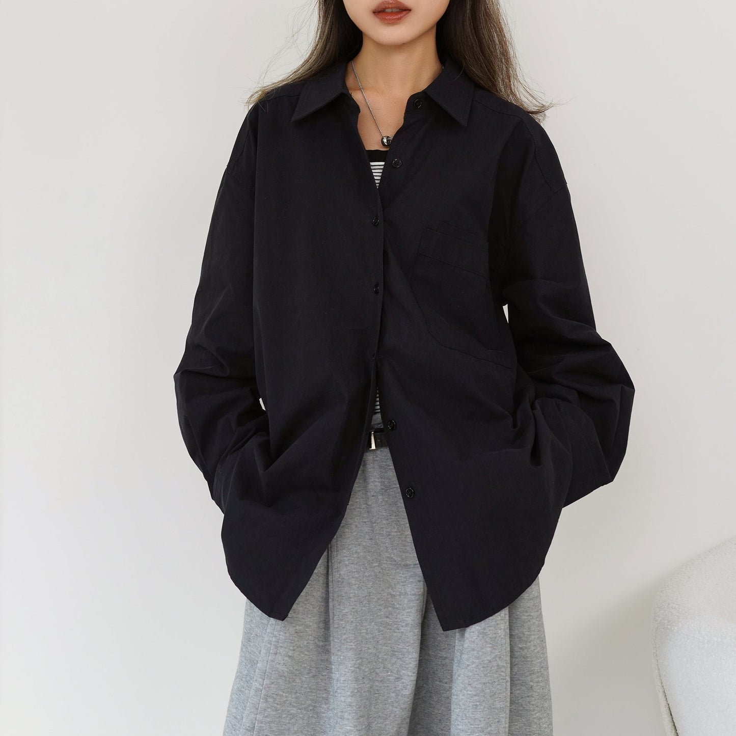 Basic Double Pocket Cotton Shirt Women Autumn Solid Color Polo Collar Top Single Breasted Long Sleeve Cardigan