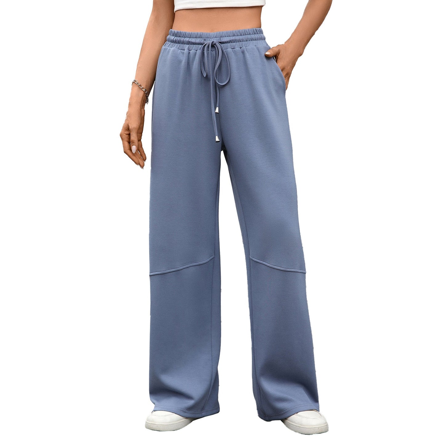 Autumn Winter Solid Color Elastic Waist Drawstring Pocket Wide Leg Pants Trousers for Women