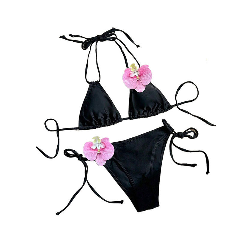 Bikini Bikini Lady Sexy Lace up Three Point Floral Split Swimsuit