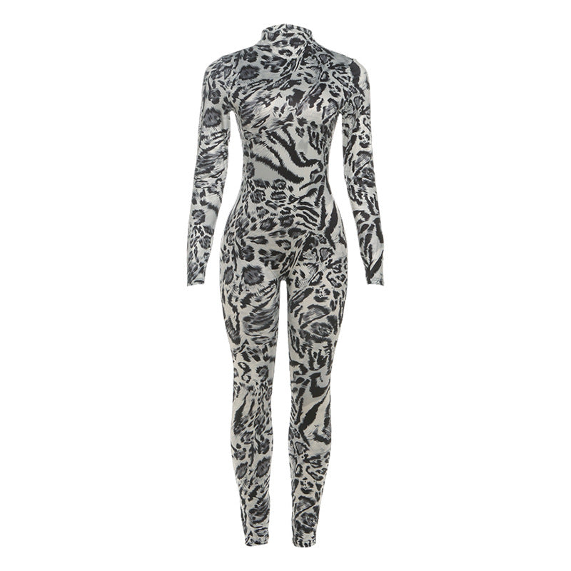 Fall Women Clothing Leopard Print Half Turtleneck Sexy Tight Sexy One Piece Pants