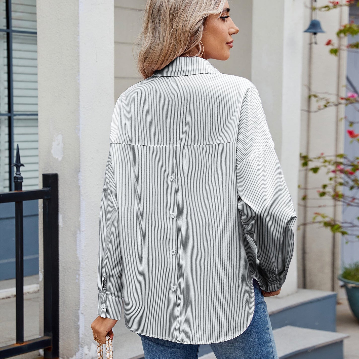 Women Casual Loose One Breasted Long Sleeve Striped Shirt Top