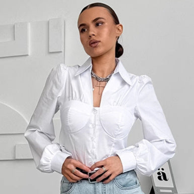 Slim Fit Polyester Cotton Short Elegant Long Sleeve Blouse Autumn Women Top