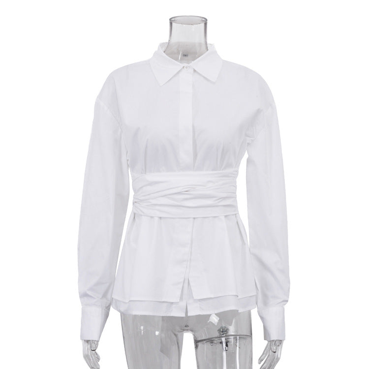 Casual Lace up Shirt Women Simple Collared Long Sleeve Cardigan Shirt French Top