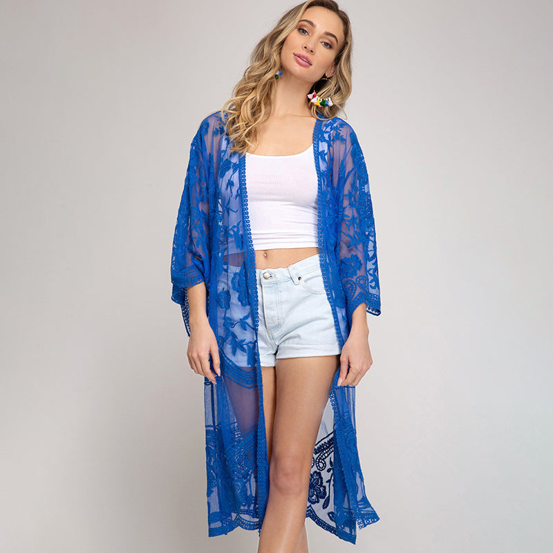 Sexy Grape Silk Embroidered Seaside Vacation Sun Protection Clothing Beach Jacket Bikini Swimsuit Outwear Cardigan for Women