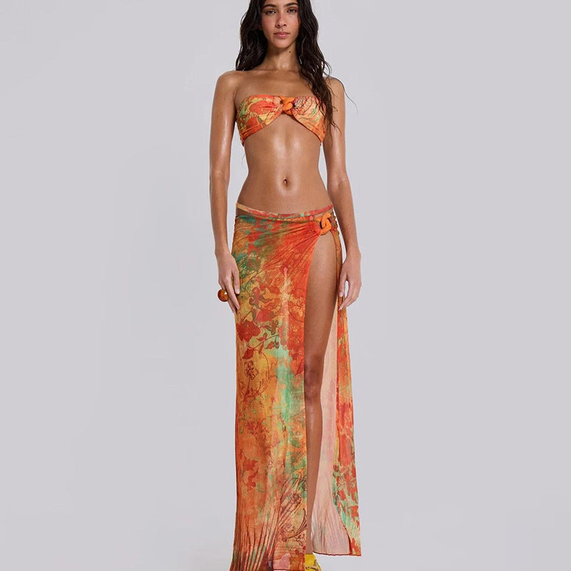 Spring Summer Women Sexy Tube Top Split Dress Bikini Three Piece Set