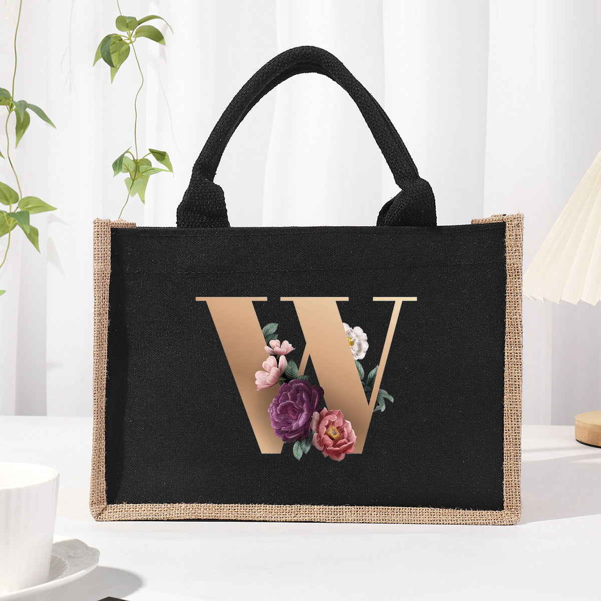 Cotton and linen canvas tote bag, printed letter tote bag, portable light handbag, gift shopping bag