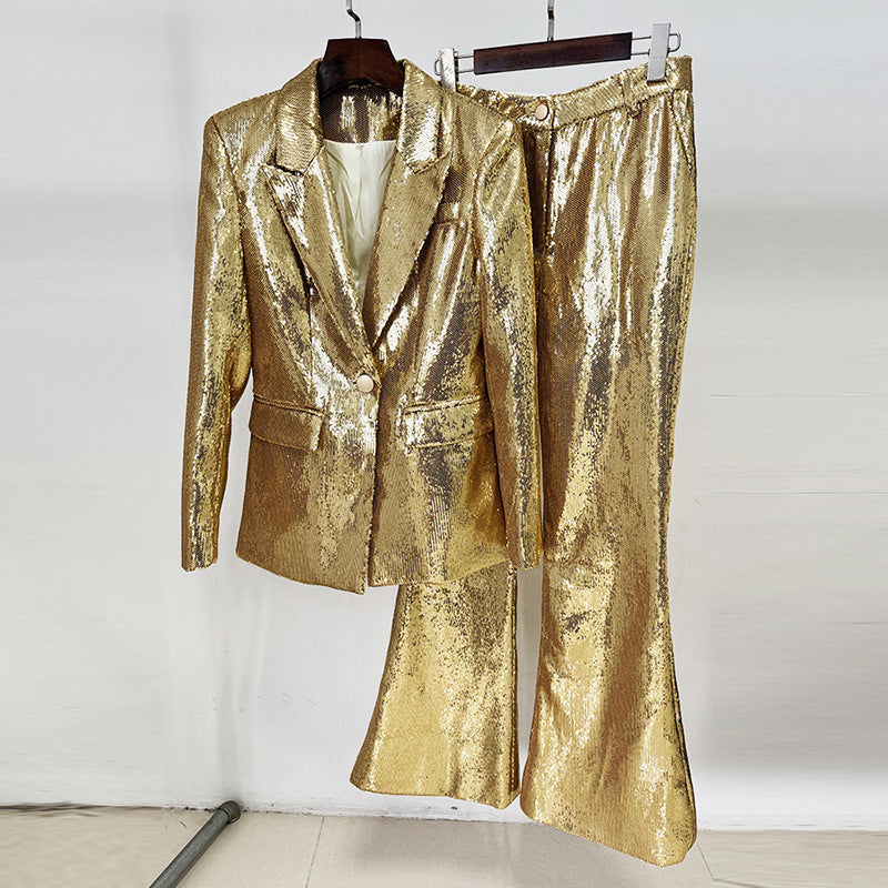 Star Fashionable Golden Sequined Blazer Trousers Two Piece Sets