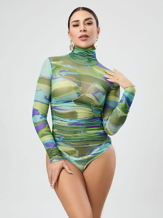 Autumn Tight Turtleneck Jumpsuit Sexy Pleated Long Sleeve See Through Printed Mesh Top Women
