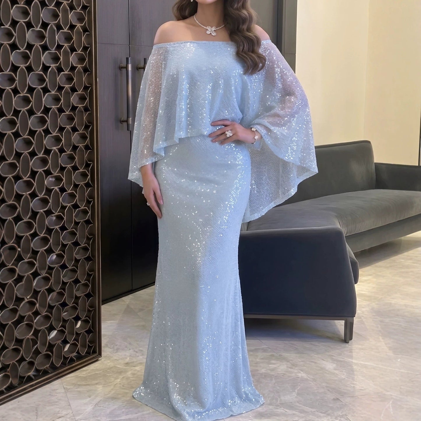 Spring Summer Women Sexy off the Shoulder Sequin Dress Ball Dress