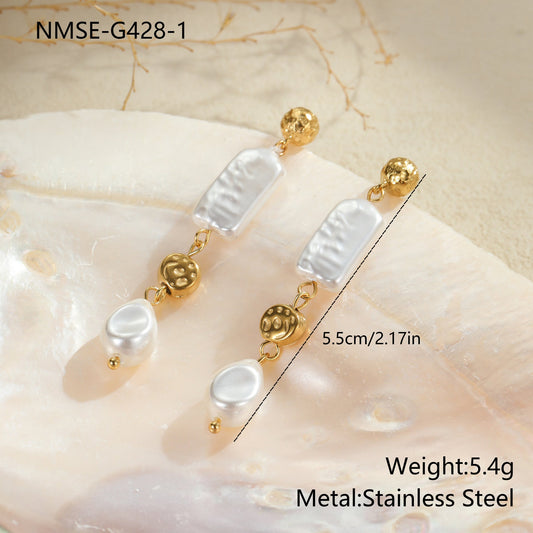 Retro Design Imitation Baroque Pearl Earrings Stainless Steel Earrings Plated 18K Gold Light Luxury Ear Rings