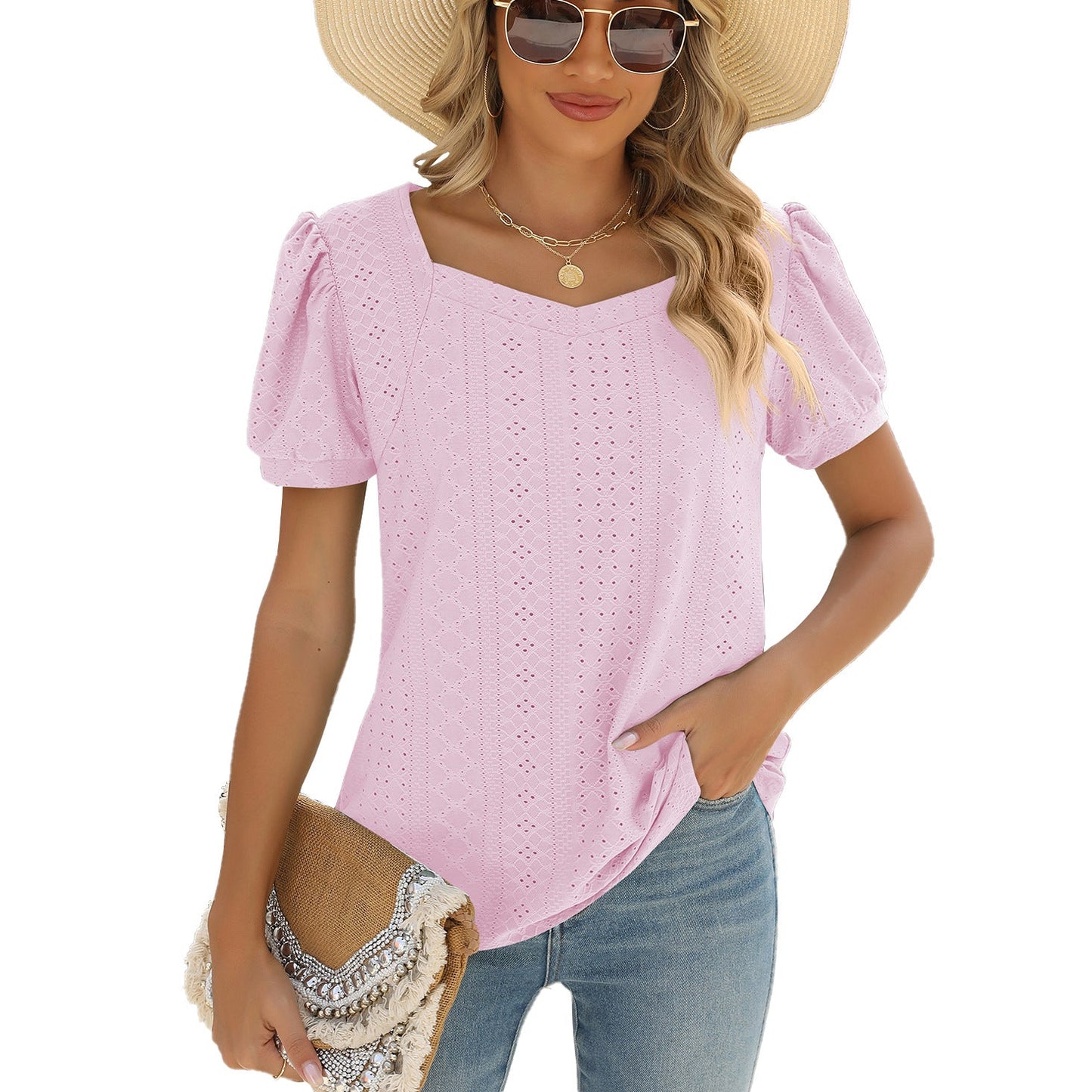 Spring Summer Solid Color Square Collar Puff Short Sleeve T Shirt Loose Top Women