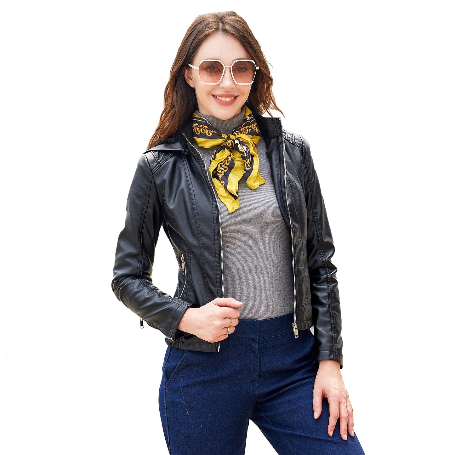 Fall Winter Hooded Leather Coat Women's Detachable Hat Long Sleeve Zipper Fleece-Lined Leather Jacket Slim Coat