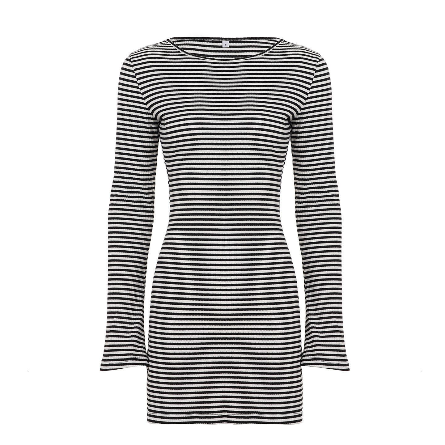 Striped Long Sleeve Slim Dress Women Sexy Flare Sleeve Casual Knitted Sheath Dress