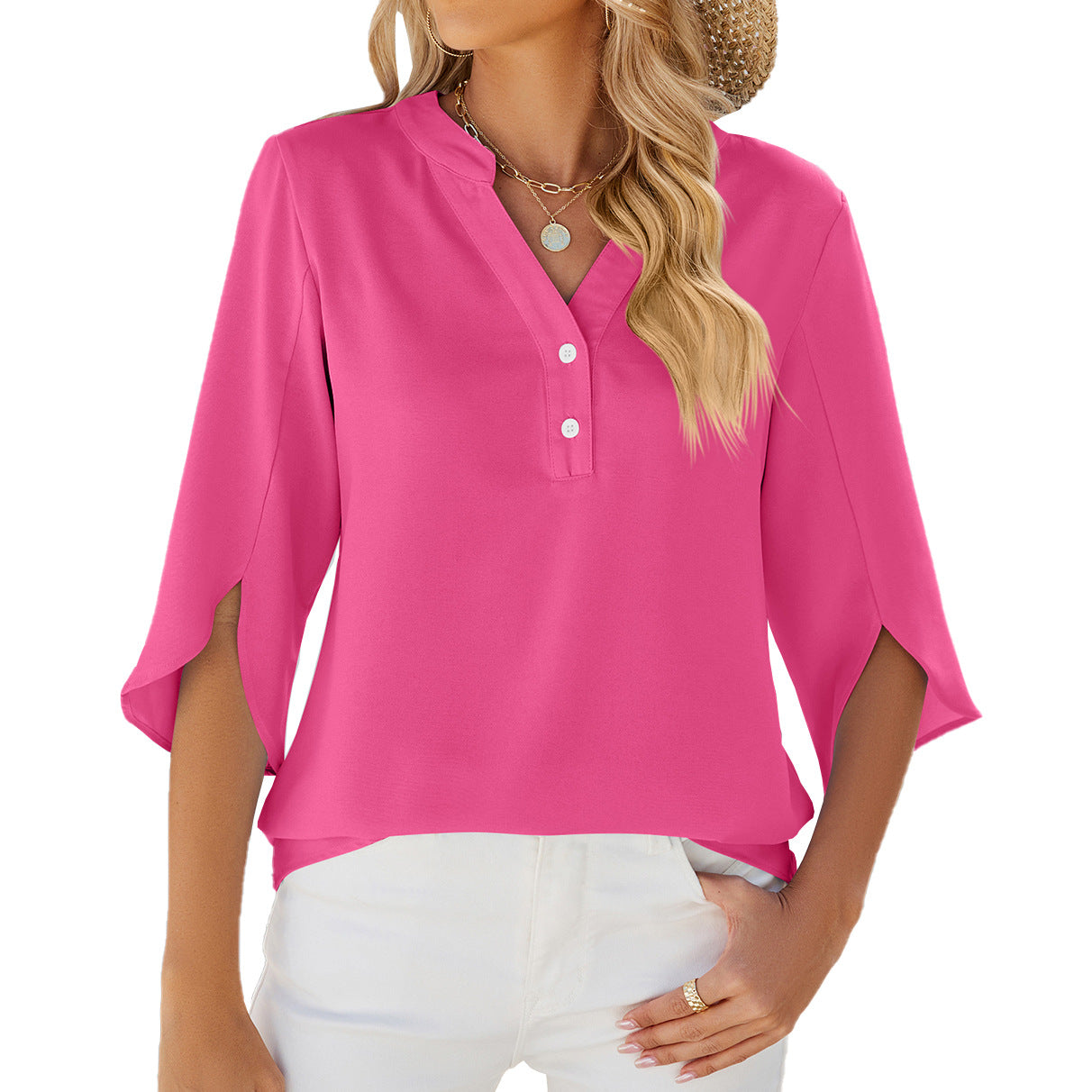 Summer Solid Color V neck Half Sleeve Chiffon Top Women Chiffon Shirt