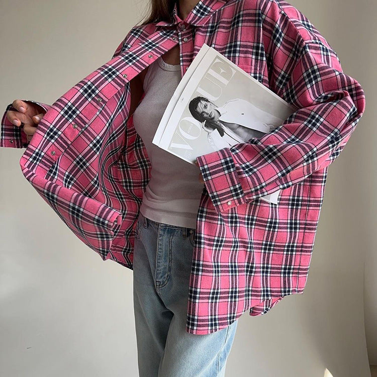 Retro Plaid Shirt Women Casual Plaid Top All Matching Collared Loose Mid Length Shirt