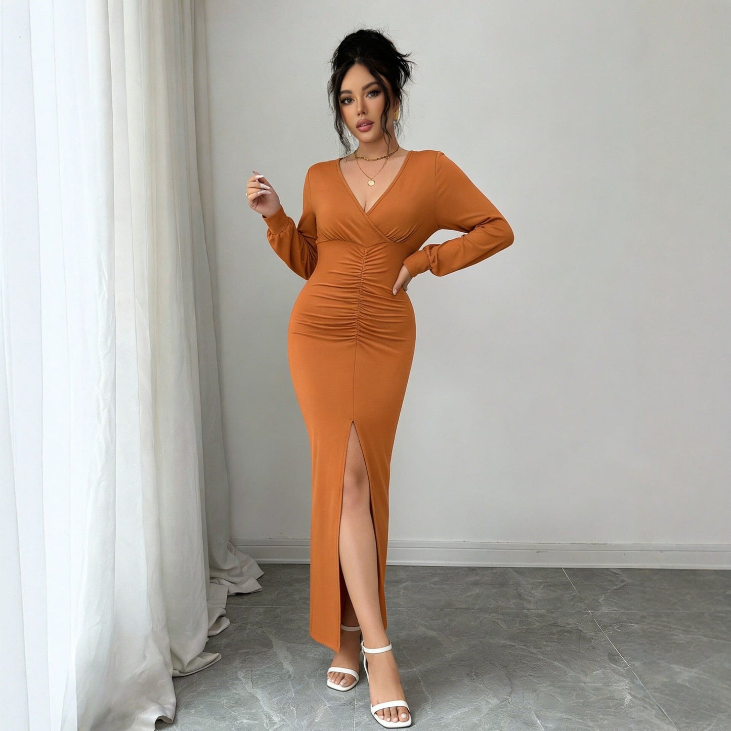 Elegant V Neck Pleating Long Sleeved Dress Waist Cinching Slimming Slit Hip Wrapped Mid Length Dress