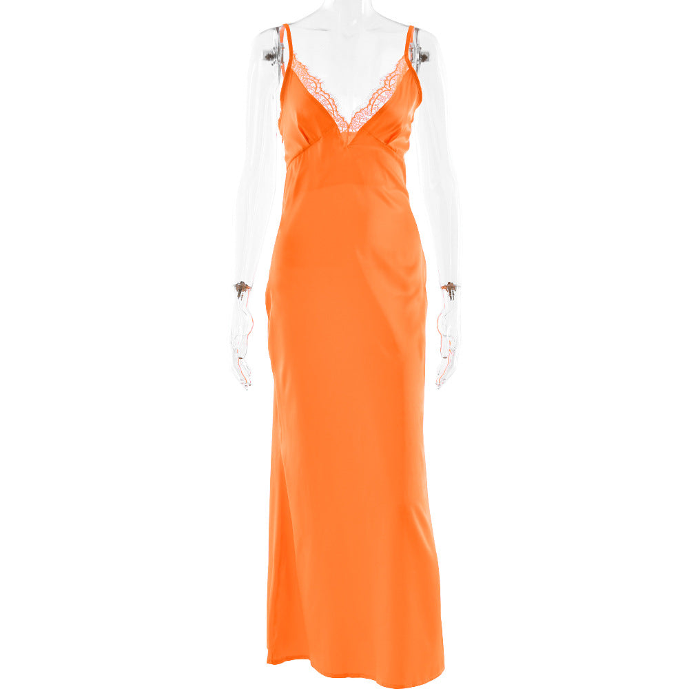 Satin Maxi Dress Sexy Deep V Plunge neck Backless Sexy Strap Dress