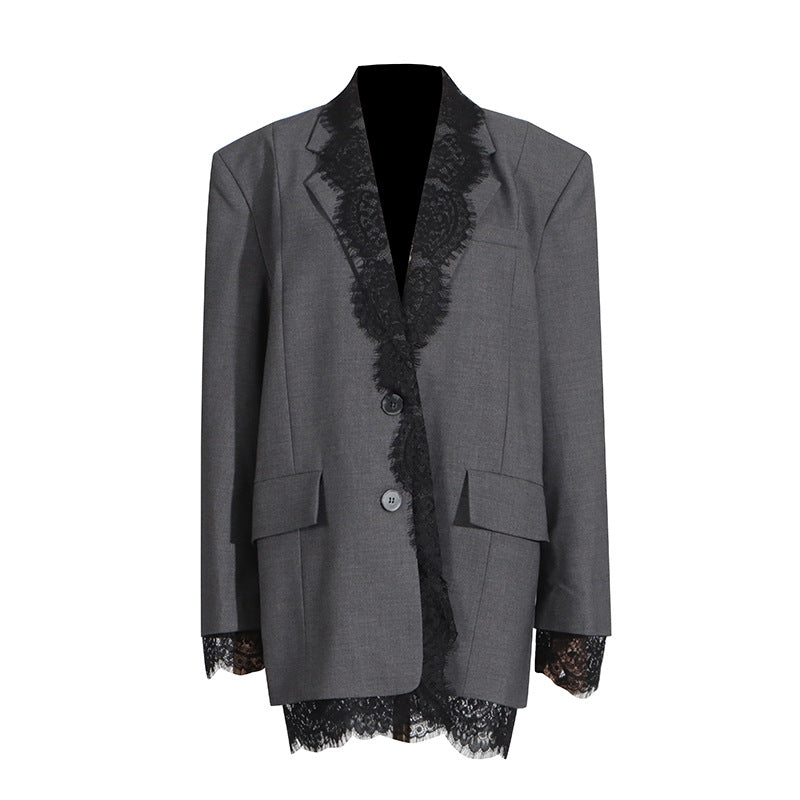 Fashionable Blazer for Women Autumn Lace Stitching Design Long Sleeve Profile Small for Women