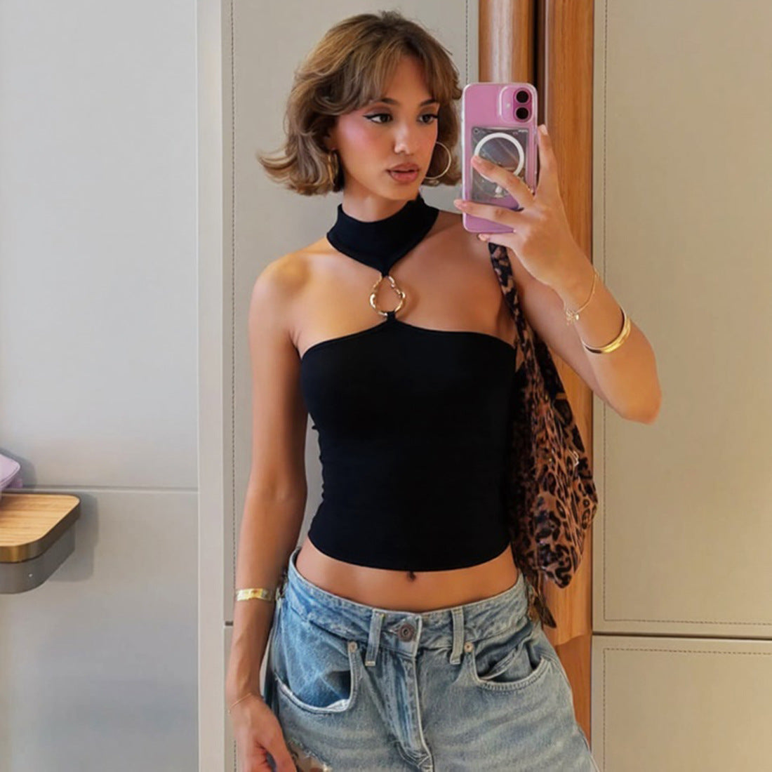 Women Clothing Summer Pure Sexy Sleeveless Slim Fit Cropped Halter Vest