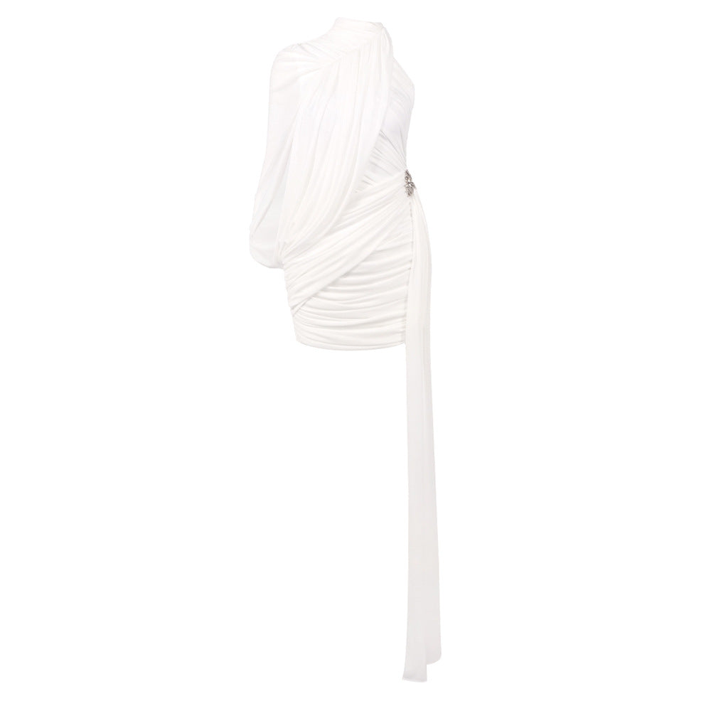 Special Interest Design Ribbon Dress Shoulder Sleeve Ruffle Hip Party Dress Socialite Dress