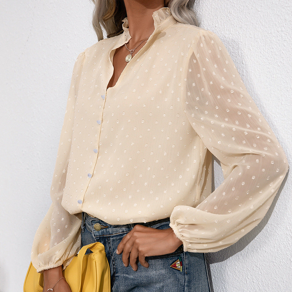 Ruffle V neck Solid Color Jacquard Dot Long Sleeved Shirt Lace Stitching Shirt Top for Women