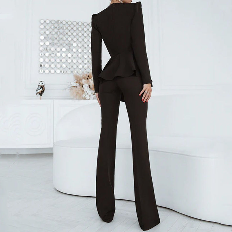 Women Wear Set Solid Color Blazer Top Straight Two Piece Pants