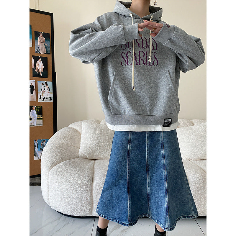 Letter Graphic Design Faux Two Pieces with Velvet Thickened Hooded Sweatshirt Early Autumn