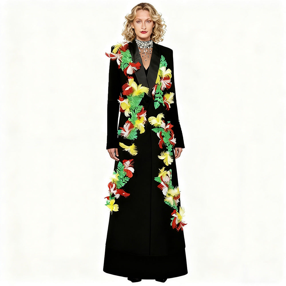 Autumn Winter Star Heavy Industry Nail Feather One Button Extended Blazer Trench Coat