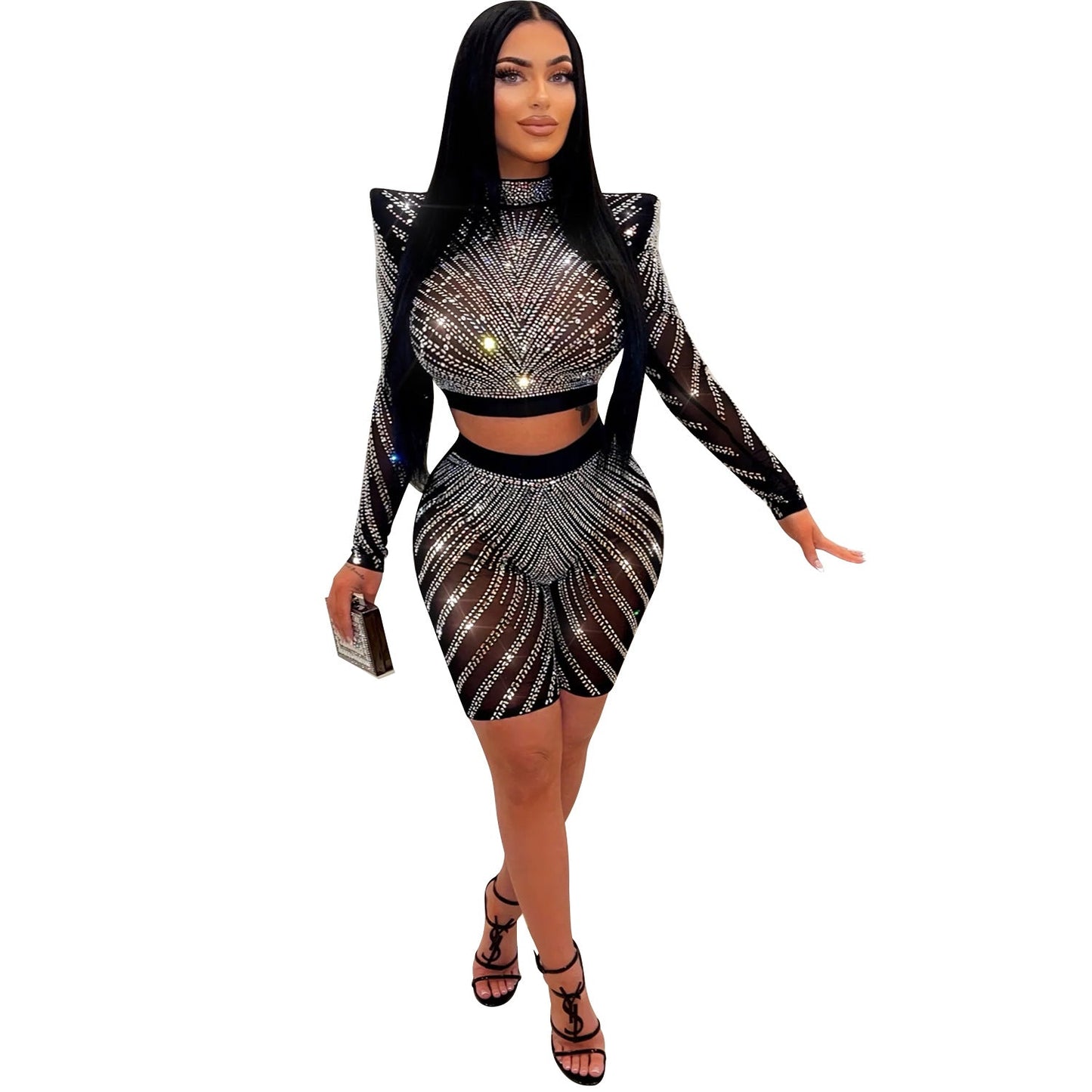Summer Women Clothing Sexy Tight Mesh See through Long Sleeve Drilling Two Piece Set Rain Pants