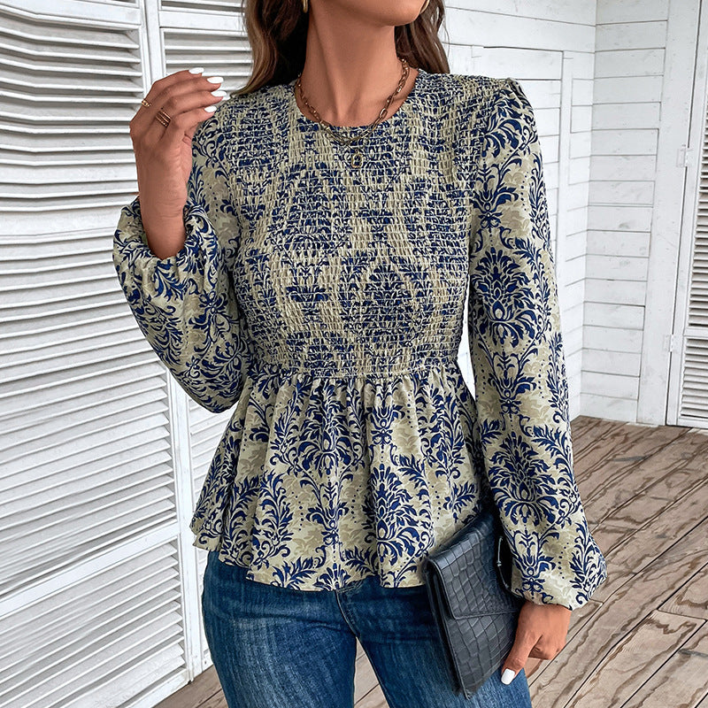 Women Clothing Autumn Slim Fit Long Sleeved Printed Top