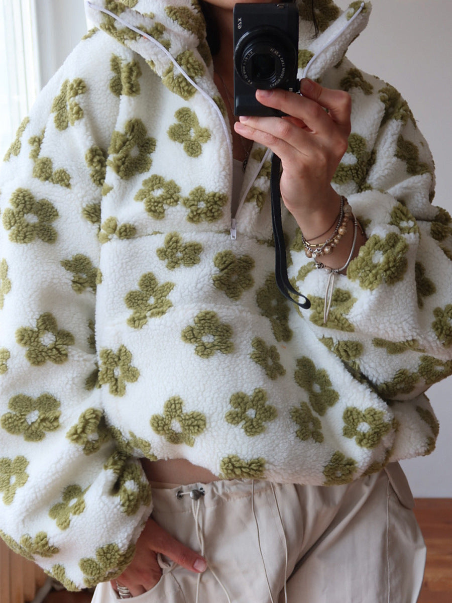 Women Polar Fleece Floral Autumn Winter Sweater Warm Furry Fleece Pullover
