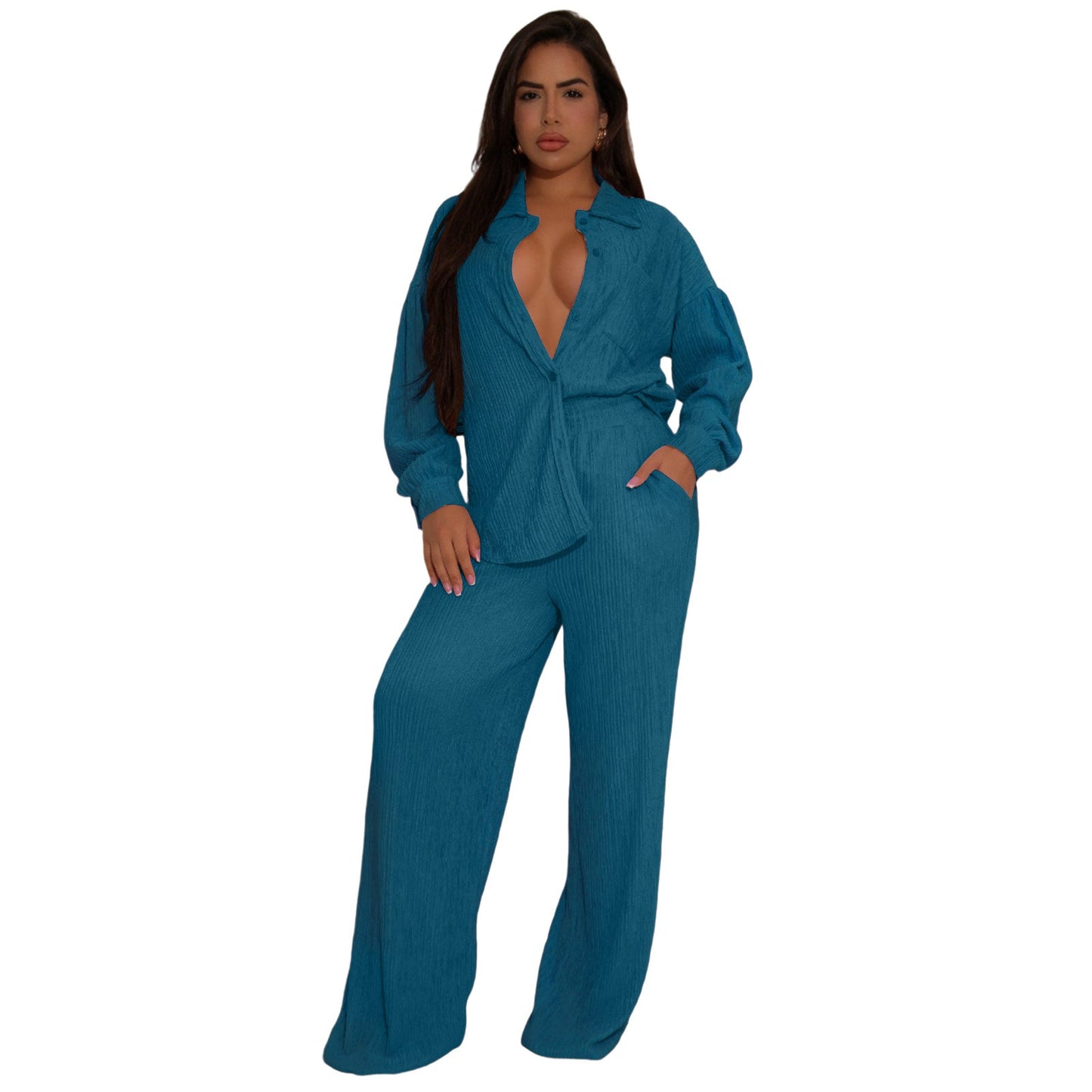 Women Elastic Crumpled Lace up Multi Pocket Swing Pants Wide Leg Pants Two Piece Sets