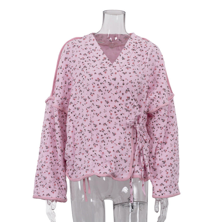 Champray Printed Loose Top V neck Long Sleeve Lace up Cardigan Shirt Women Clothing